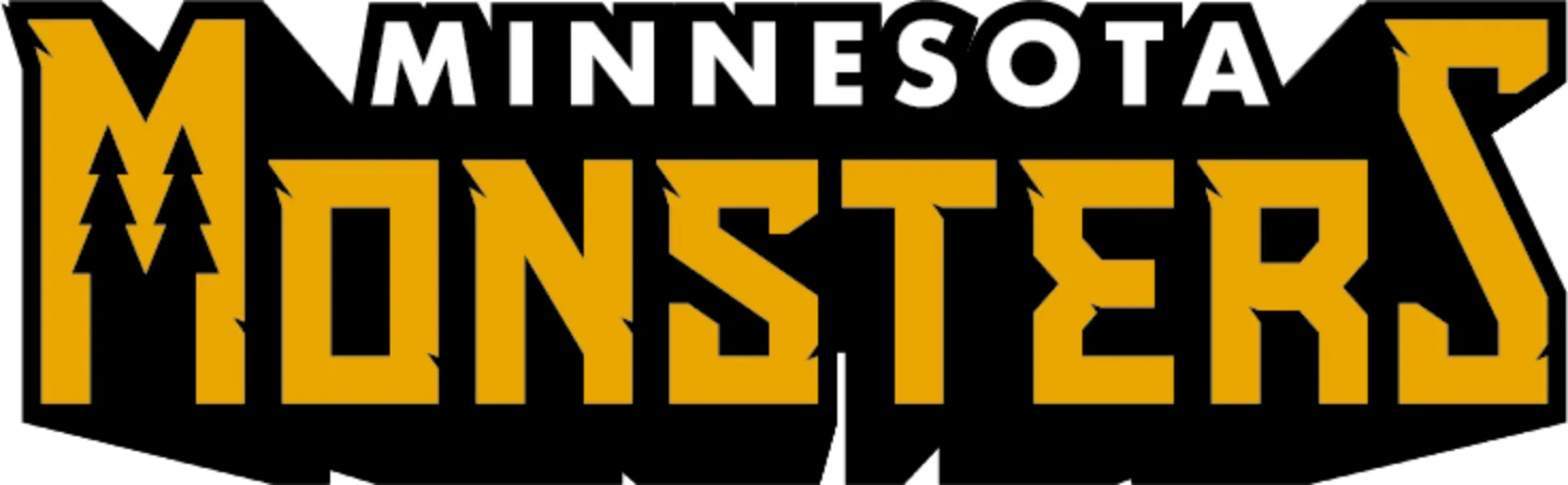 Minnesota Monsters logo in gold and black with pine trees and team name