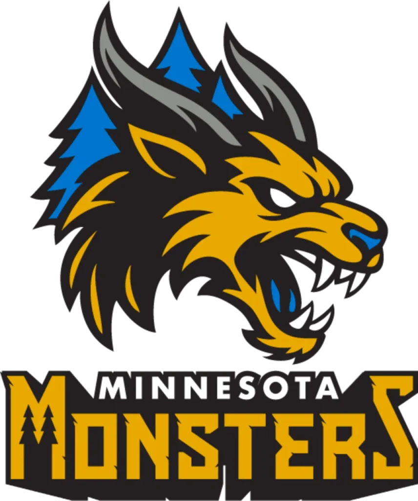 Minnesota Monsters logo featuring yellow wolf head with blue pine trees and fangs
