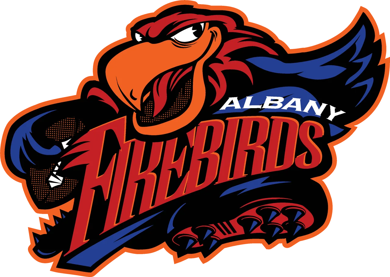 Albany Firebirds logo with fierce red bird mascot, orange and blue wings spread wide